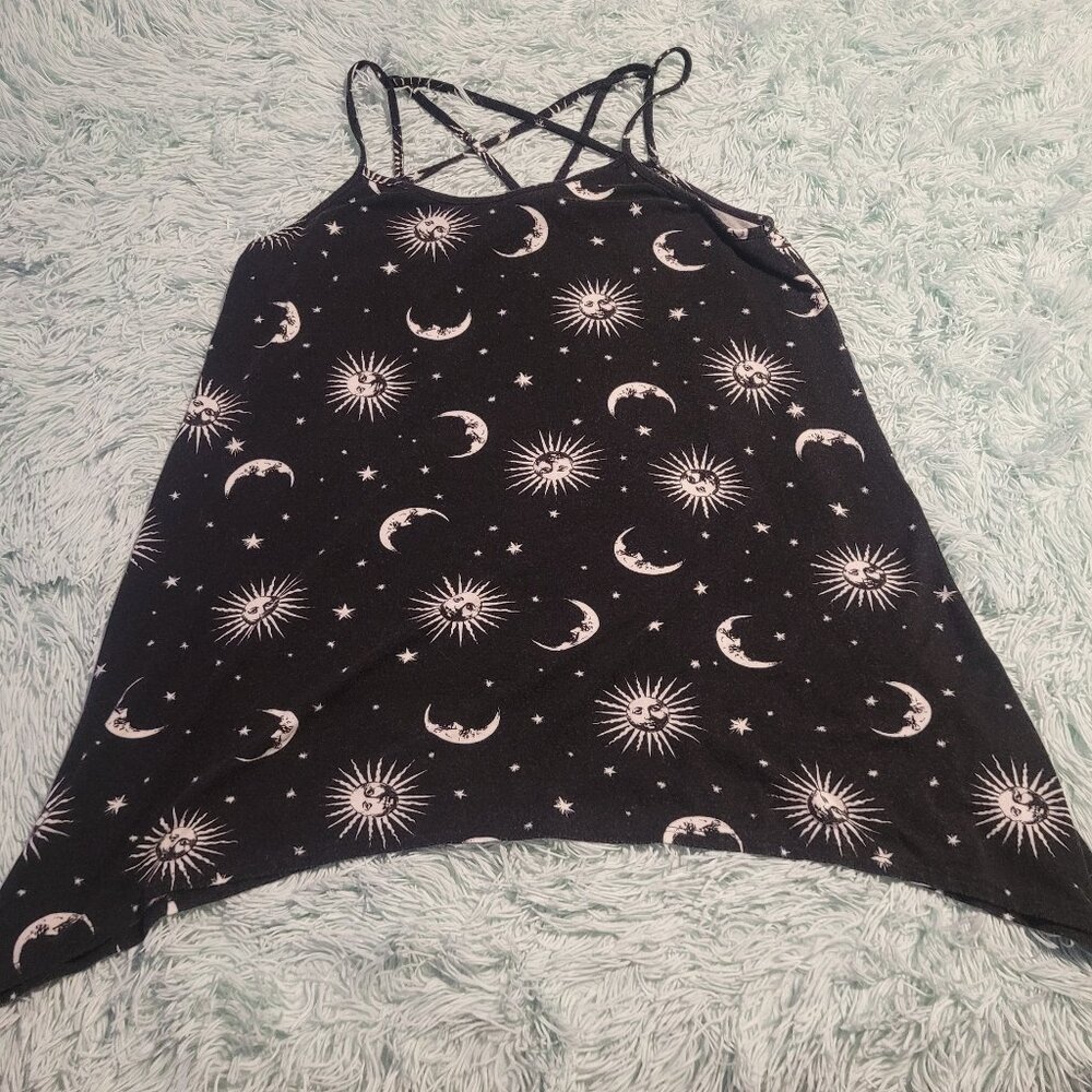 Sun Moon & Stars Print Tank Top Crossed Straps Sleeveless Crew Neck Black Size S